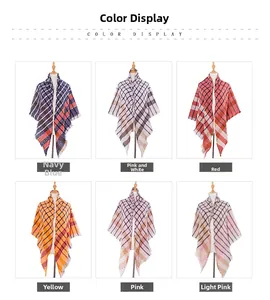 Detailed grid view showing six color options for the plaid knit poncho with tassels