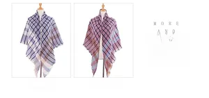 Detail of plaid patterned knit scarves with frayed edges in blue and purple color options