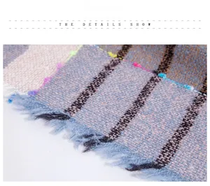 Macro view of plaid scarf fabric with textured weave and colorful tassels