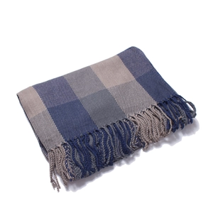 British style plaid scarf in navy and grey with thick fringes for winter warmth