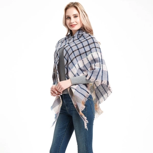 Women's plaid tassel shawl scarf in grey and purple tones with fringe detailing