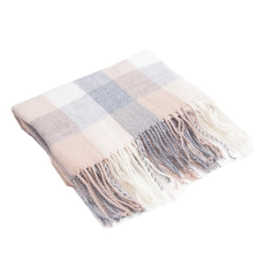 Pink and grey plaid tassel scarf in soft knit fabric for autumn and winter style