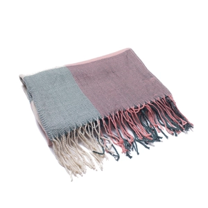 Plaid tassel scarf in grey-green, pale pink and cream white color block design