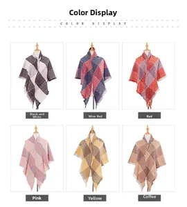 Detailed grid view of plaid tassel shawls in six colors including wine red and coffee
