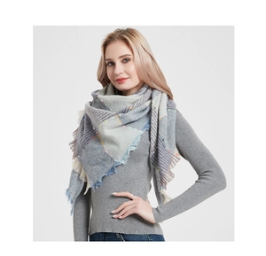 Close-up of thick grey-blue plaid triangle scarf with colorful neps and frayed edges