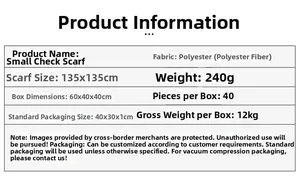 Specifications table for 135x135cm plaid polyester scarf showing fabric and weight details