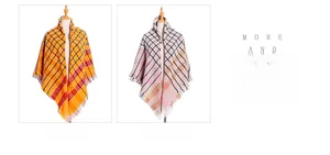 Detailed view of yellow and pink plaid scarves with fringe ends on a mannequin