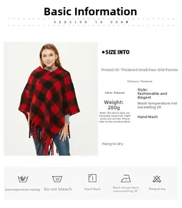Detailansicht des rot-schwarzen Karo-Ponchos mit dicken Fransen und Materialangaben