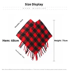 Größentabelle für rot-schwarz karierten Poncho mit Maßen und Fransen-Details