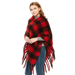 Damen Kariert Poncho Schal Gestrickt Bouclé Garn Winter Warm Quasten Cape Buffalo Check Oversize Casual Wrap Übermantel