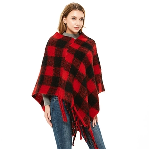 Damen Herbst Poncho Cape mit rot-schwarzem Karomuster und Fransenquasten