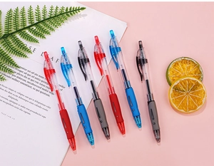 Set of retractable gel pens with soft ergonomic grips in red blue and black ink
