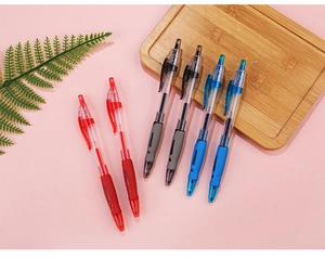 Set of 6 retractable gel pens in red, blue, and black with ergonomic rubber grips