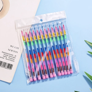 Macro shot of 12-piece stackable building block crayons in transparent packaging