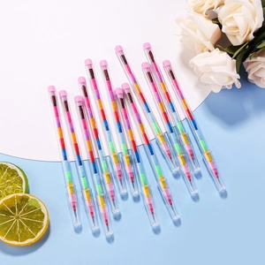 Macro shot of 12 multi-color stackable crayons featuring a building block design for kids