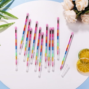 Close-up of 12 stackable block crayons with multi-color sections and clear plastic tubes