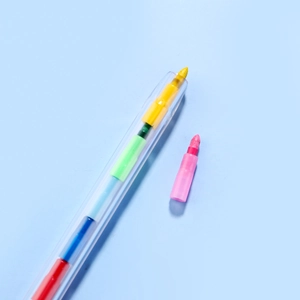 Macro detail of multi-color building block crayons with stackable modular design