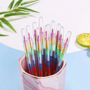 Detailed view of stackable building block crayons in a marble pattern holder
