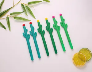 Detailed view of six cactus-shaped creative gel pens with colorful floral toppers