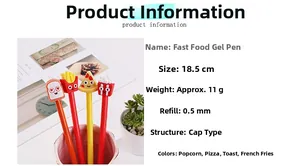Detail showing cartoon food pen caps featuring popcorn, pizza, toast and fries designs