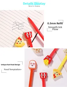 Detailed close-up of 0.5mm creative food-shaped pens showing pizza and fries designs