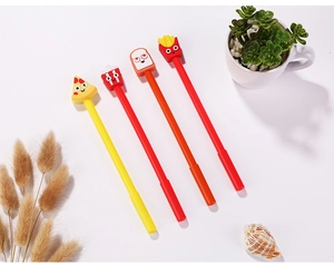 Close-up of four creative pens featuring pizza, popcorn, toast, and fries shaped toppers