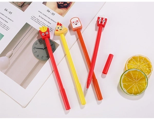 Detail of creative cartoon pens in shapes of fries, pizza, toast, and popcorn