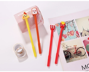 Close-up of cute cartoon food gel pens featuring pizza, toast, and fries designs