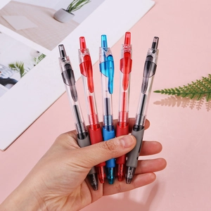 Set of 5 retractable gel pens with colorful rubber grips in blue, red, and black ink