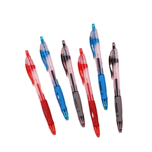 Set of 6 retractable gel pens with ergonomic grips in red, blue, and black ink colors