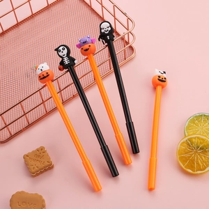 Lot de 5 stylos gel Halloween avec motifs citrouille et squelette sur fond rose