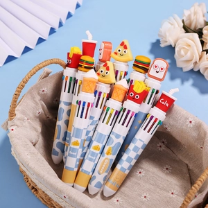 Creative 10-color shuttle pen set with 3D food toppers in a decorative woven basket