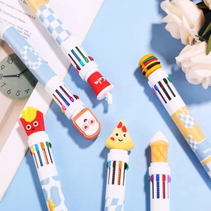 Creative 10-color shuttle pen with cute 3D cartoon food toppers for school and gift