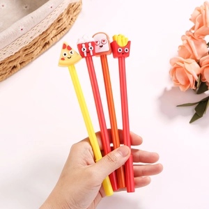 Set of four creative cartoon food gel pens featuring pizza, popcorn, toast, and fries