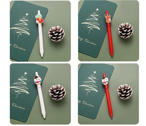 Close-up of Christmas gel pen set with silicone Santa, snowman and reindeer toppers