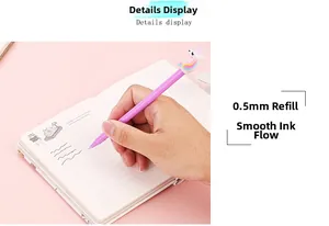 Detail of 0.5mm purple unicorn gel pen showing smooth writing on a notebook