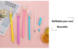 Detail of cute unicorn gel pens with replaceable refills in pastel macaron colors