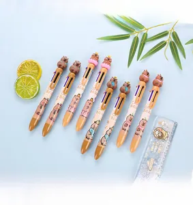 Close-up of cute Capybara 6-in-1 multi-color ballpoint pens with cartoon figures