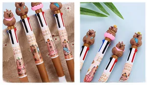 Detail of multi-color capybara retractable pens with cute 3D toppers and cartoon prints