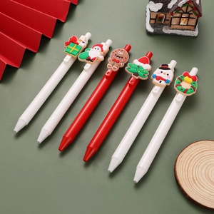 6-pack Christmas gel pens with 3D Santa and snowman silicone charms on a green background