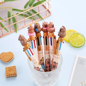 Cute Capybara themed multi-color retractable ballpoint pen set in a desktop organizer