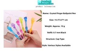 Detailed specs of crystal finger ballpoint pens with unique skeletal hand cap designs