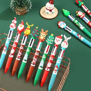 Christmas 4-color ballpoint pen with Santa and elk rubber toppers in a metal basket