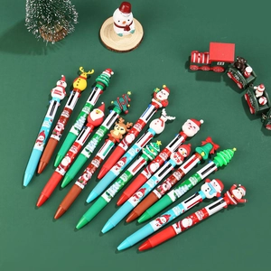 Christmas themed 4-color ballpoint pens with cartoon Santa and reindeer toppers