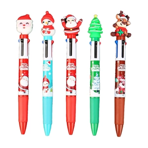 Five Christmas multi-color ballpoint pens with Santa, snowman, and reindeer toppers