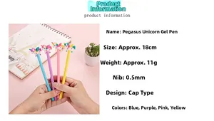Détail des stylos gel licorne de 18 cm en quatre tons pastels avec pointe de 0,5 mm