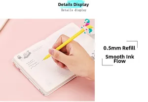 Gros plan d'un stylo gel licorne jaune écrivant sur un carnet avec pointe 0.5mm