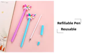 Détail de stylos gel licorne avec recharges d'encre sur fond rose pastel
