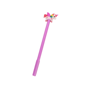 Stylo gel licorne violette avec figurine 3D et crinière pastel sur fond blanc immaculé