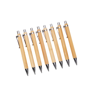 Set of 8 retractable bamboo ballpoint pens with natural wood grain and silver metal clips